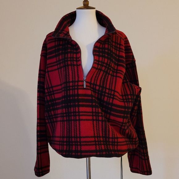 Eddie Bauer Red/Black Plaid Fleece Long-Sleeved 1/2 Zip Sweatshirt - sz. Large